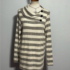 white birch Cream and Gray Striped Button Cowl Neck Sweater